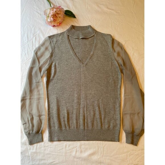 Unique Ramy Brook Sheer Sleeve Sweater V-Neck Long Sleeve Gray  Cashmere Silk Co - Picture 1 of 8